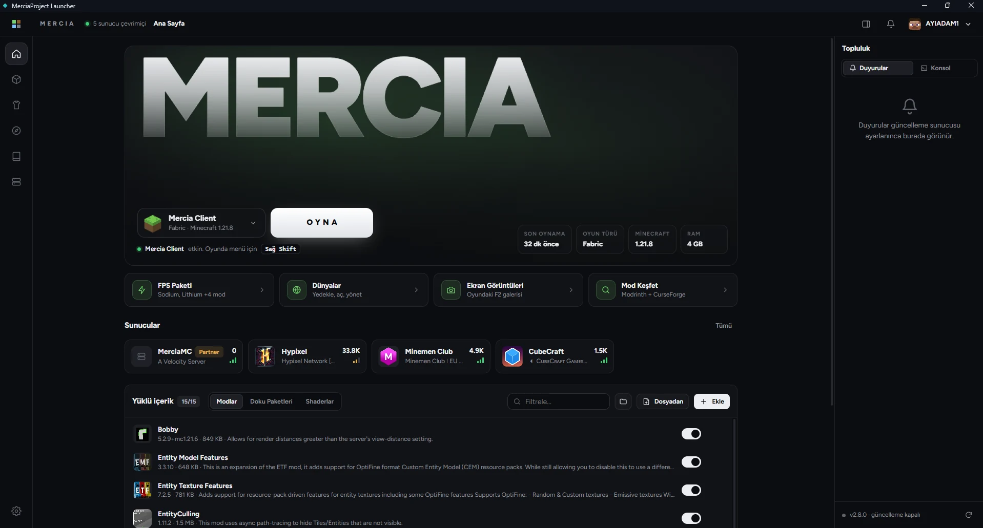 Mercia Launcher ana ekranı: Mercia Client profili, Oyna butonu, sunucular ve yüklü modlar